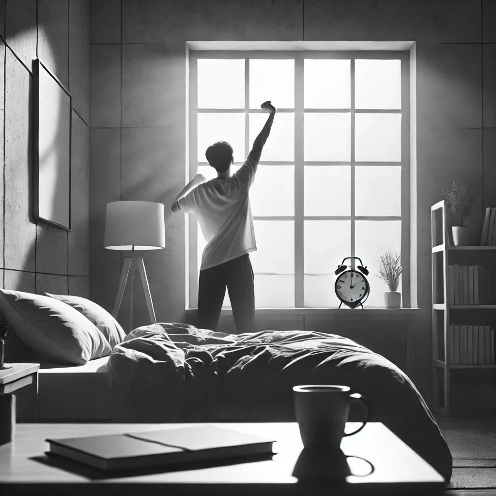 Black and white image of a person stretching in a minimalist bedroom with natural light, representing the start of a productive morning routine for success.