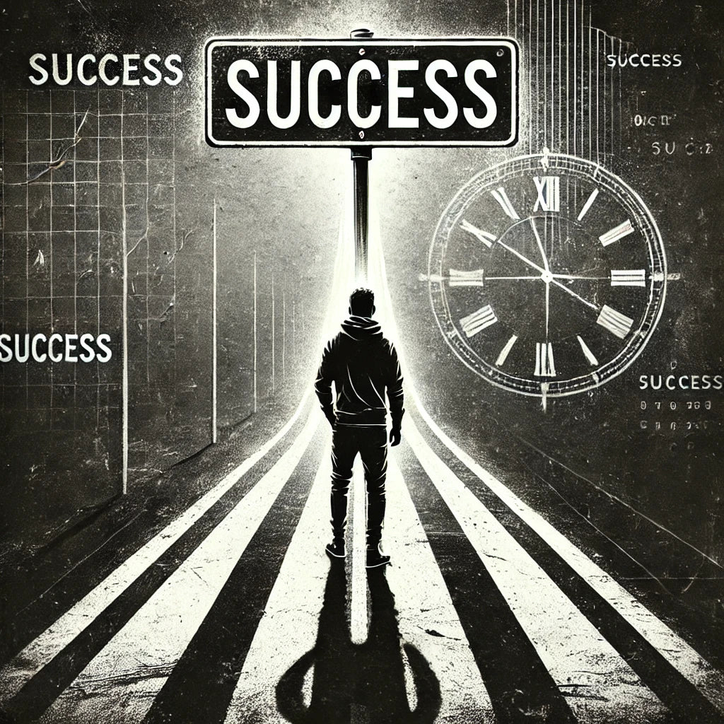 Person walking down a path toward a signpost labeled Success in an urban setting, symbolizing perseverance and self-discipline.