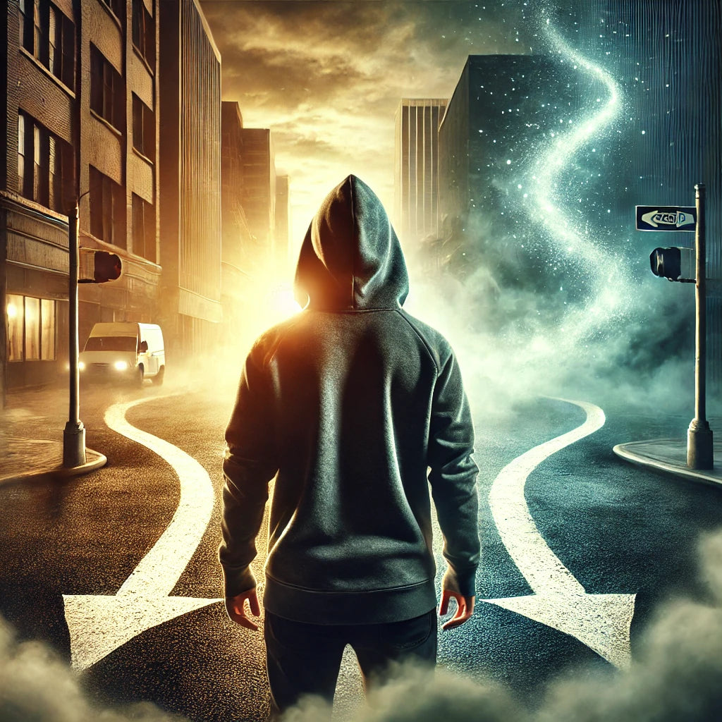 Figure in streetwear standing at a crossroads in an urban setting, symbolizing the choice between comfort and personal growth. The image reflects self-awareness, determination, and the journey into the unknown.