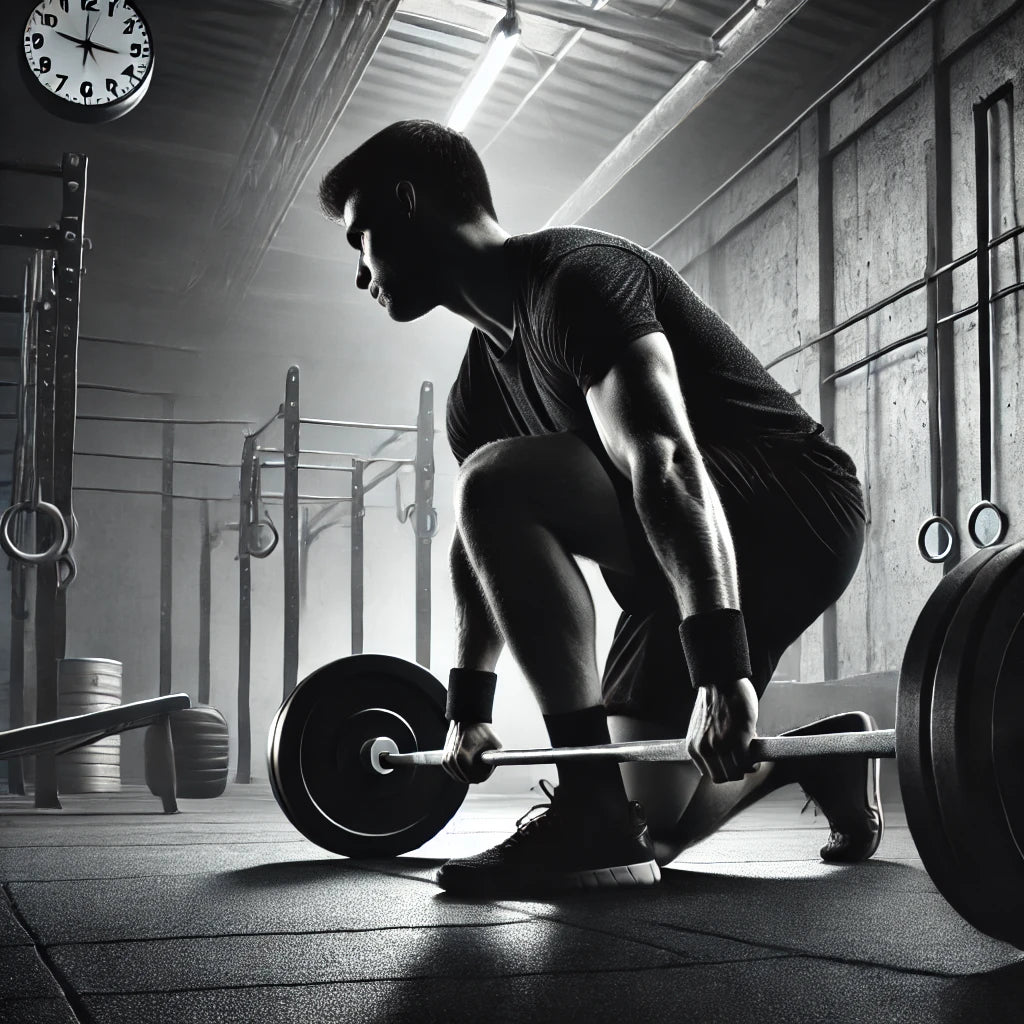 Black and white image of a person lifting weights in a gritty gym, focused and determined, symbolizing discipline over motivation. The setting emphasizes hard work and perseverance, with a clock in the background representing time and consistency.